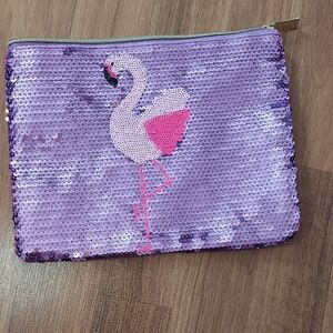 Tarte Purple Sequin Cosmetic Bag with Flamingo Design
